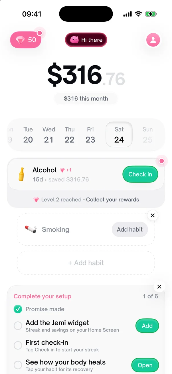 Freesy's Home screen: $316.76 saved, Alcohol 15 days clean